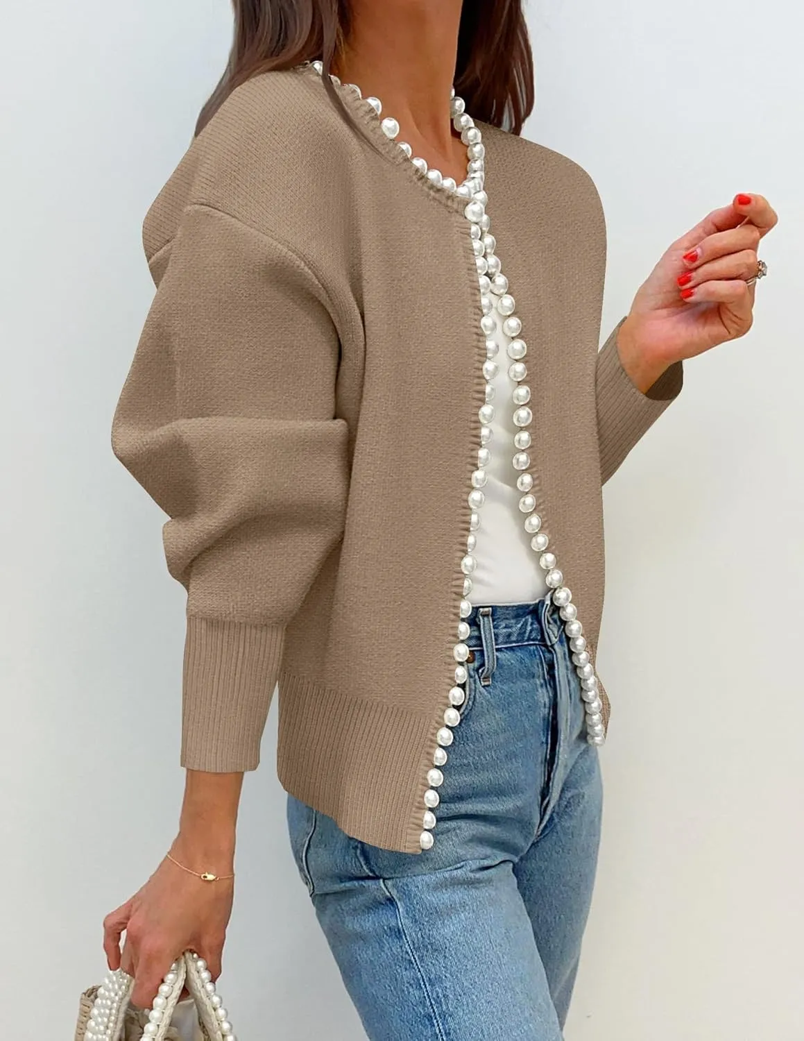 Kedera Women's Open Front Pearls Trim Cardigan Sweater Casual Knitted Long Sleeve Valentine's Day Outerwear Coat