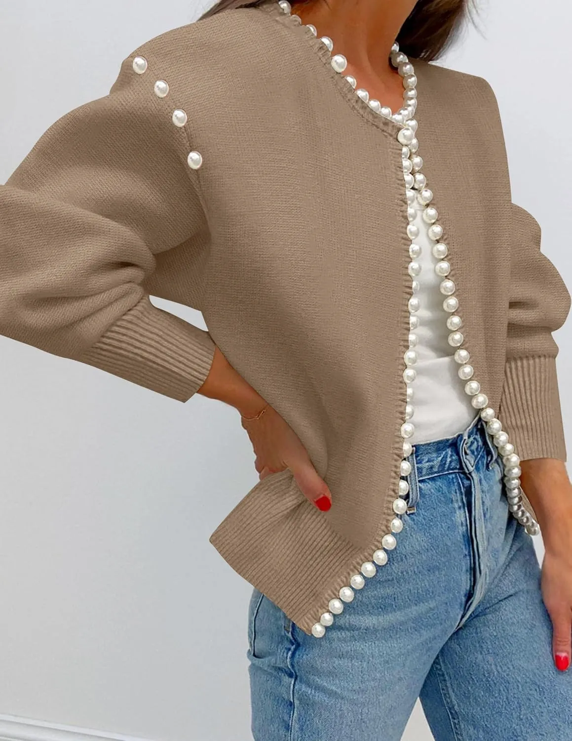 Kedera Women's Open Front Pearls Trim Cardigan Sweater Casual Knitted Long Sleeve Valentine's Day Outerwear Coat