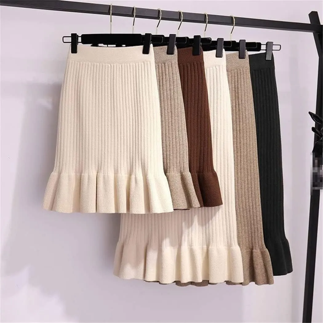 KEHAIOO Women Elastic Waist Drawstring Skirts Knitted Medium Long Skirts Spring Autumn Midi Skirt Casual Office Skirts