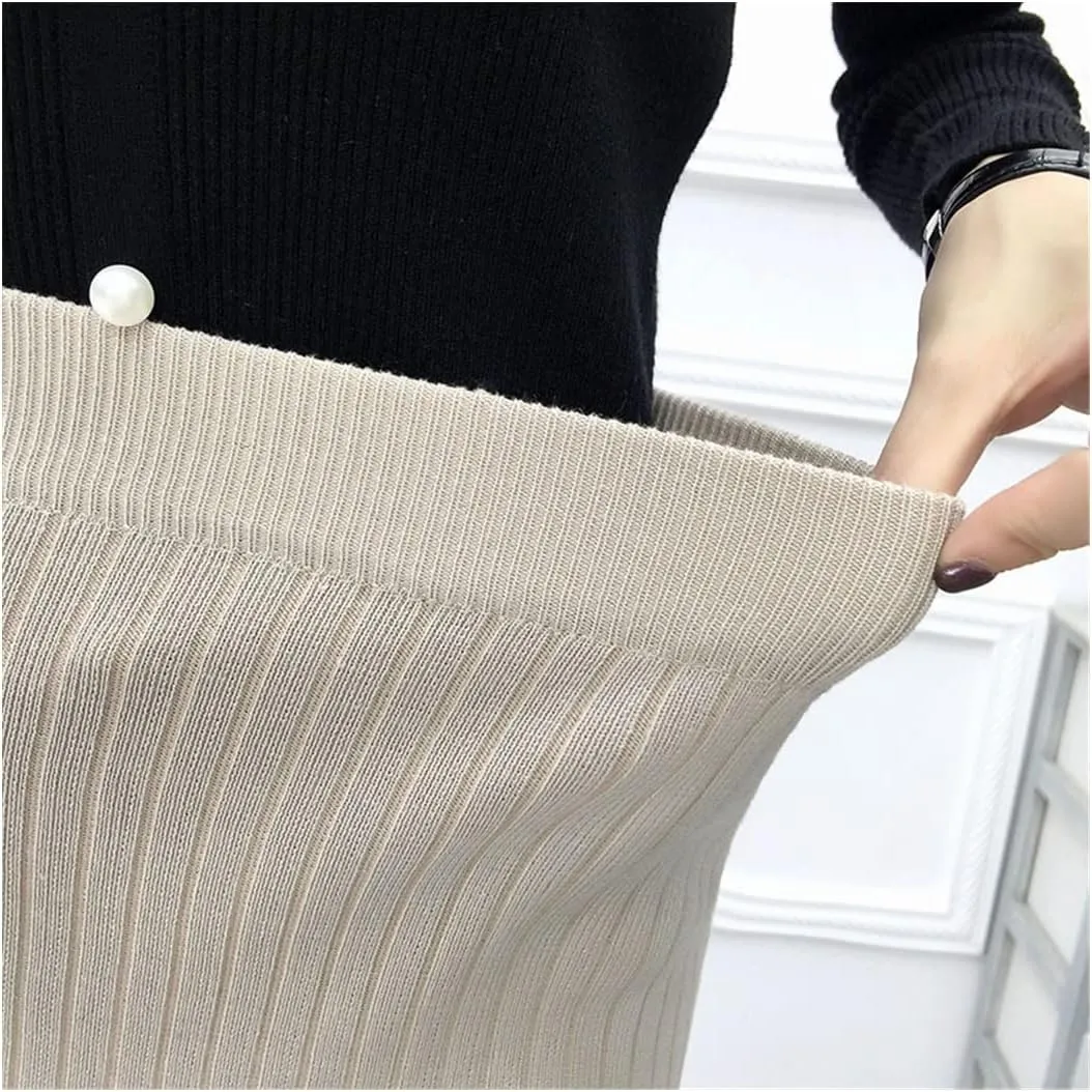 KEHAIOO Women Elastic Waist Drawstring Skirts Knitted Medium Long Skirts Spring Autumn Midi Skirt Casual Office Skirts