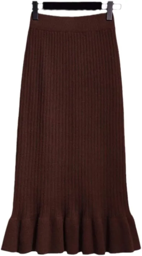 KEHAIOO Women Elastic Waist Drawstring Skirts Knitted Medium Long Skirts Spring Autumn Midi Skirt Casual Office Skirts