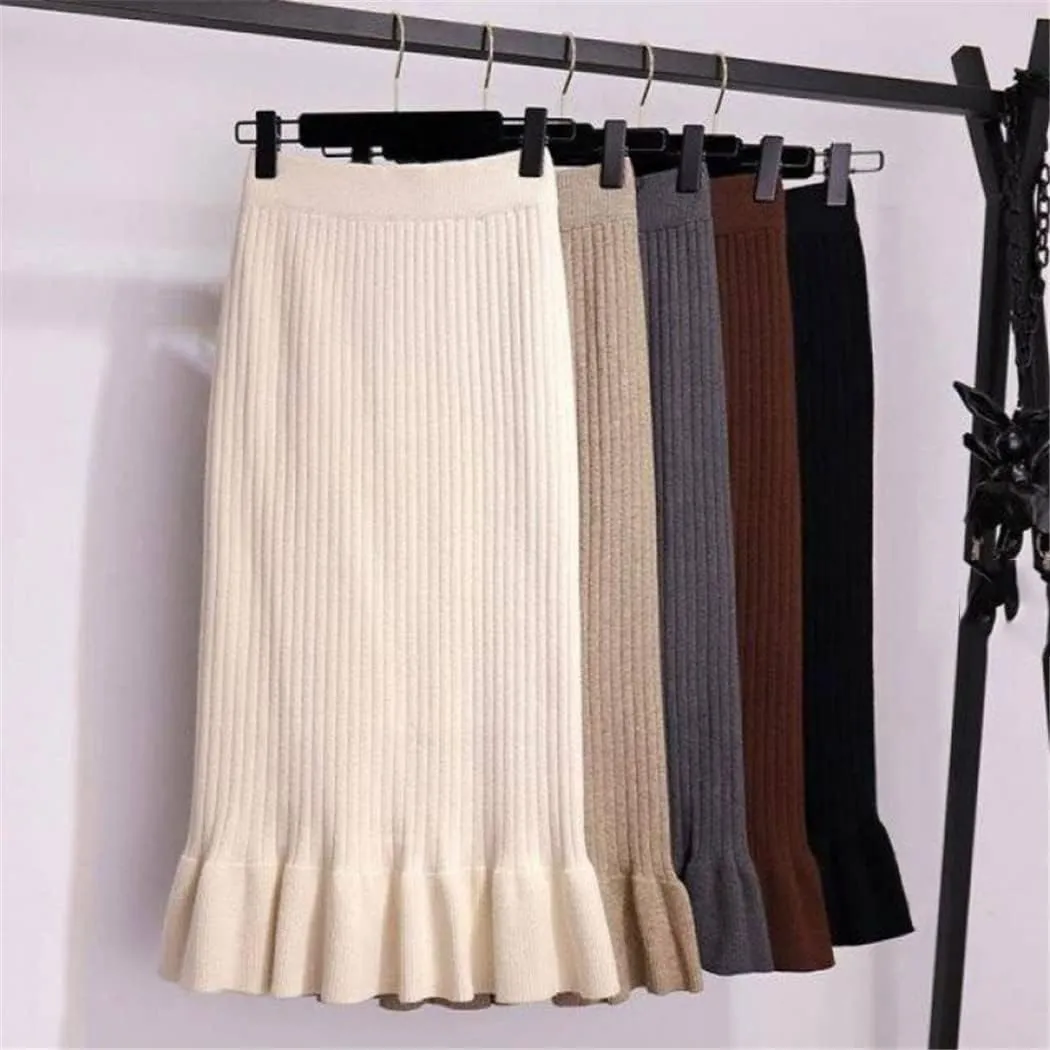 KEHAIOO Women Elastic Waist Drawstring Skirts Knitted Medium Long Skirts Spring Autumn Midi Skirt Casual Office Skirts