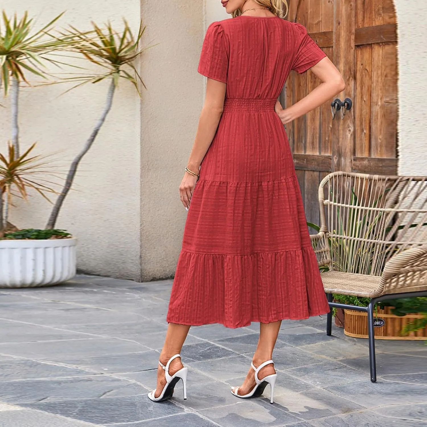 Kenvina Women Summer Short Sleeve Maxi Dress Casual V Neck Hollow Out Eyelet High Waist Ruffle Swing A Line Flowy Dresses