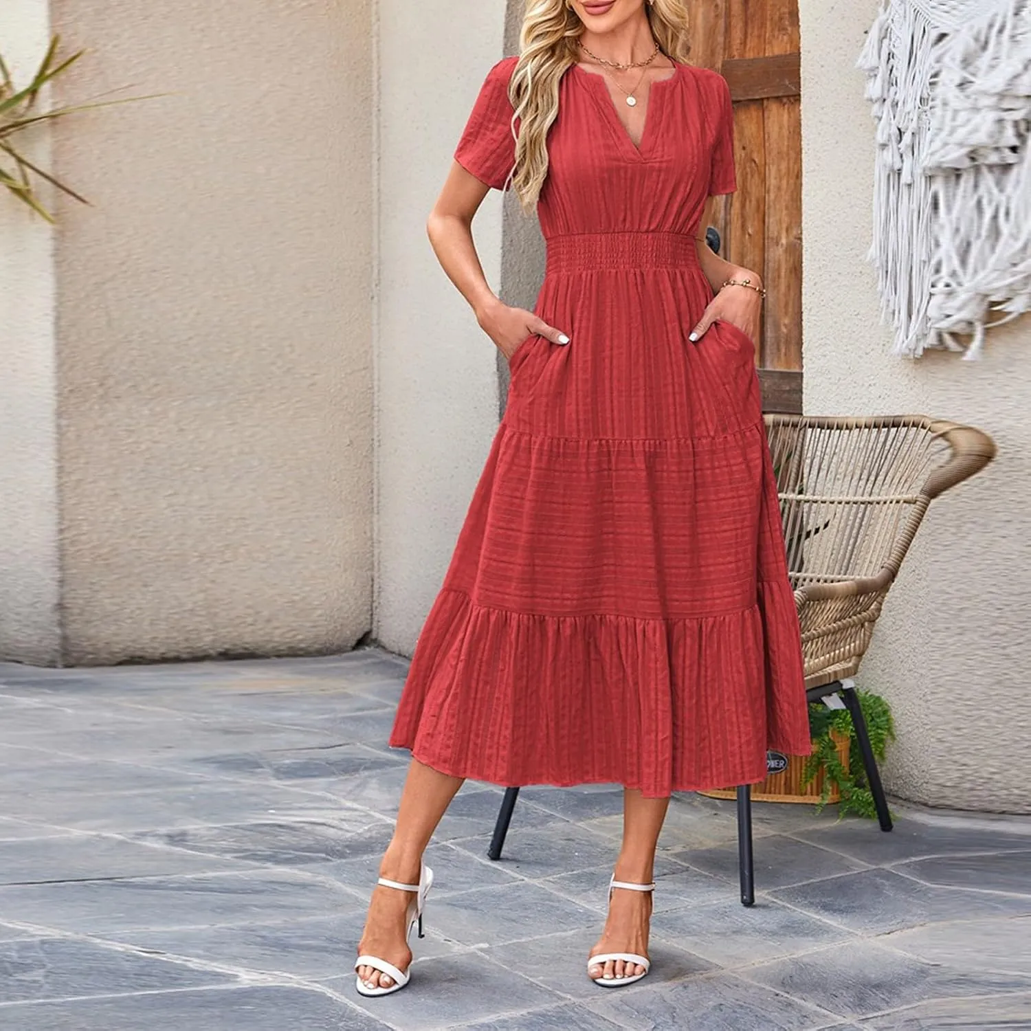 Kenvina Women Summer Short Sleeve Maxi Dress Casual V Neck Hollow Out Eyelet High Waist Ruffle Swing A Line Flowy Dresses