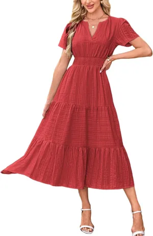 Kenvina Women Summer Short Sleeve Maxi Dress Casual V Neck Hollow Out Eyelet High Waist Ruffle Swing A Line Flowy Dresses
