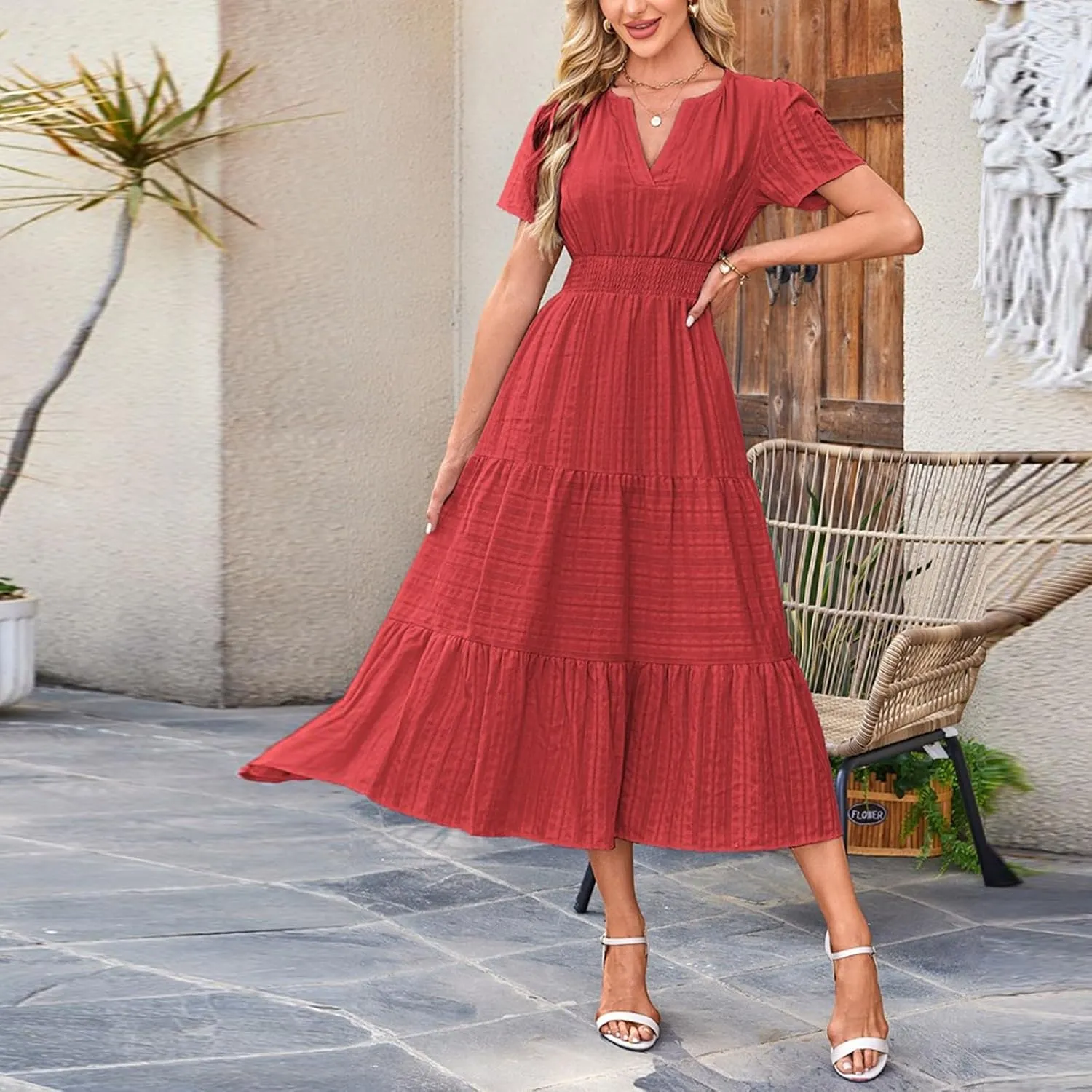 Kenvina Women Summer Short Sleeve Maxi Dress Casual V Neck Hollow Out Eyelet High Waist Ruffle Swing A Line Flowy Dresses