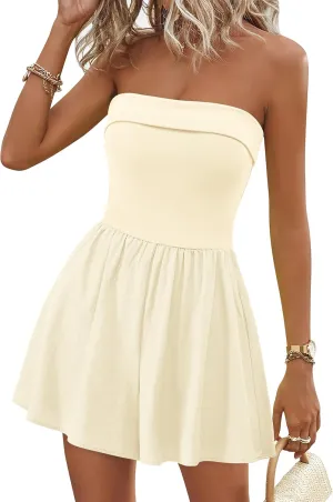 KIRUNDO Summer Rompers For Women 2025 Casual One Piece Strapless Tube Top Sleeveless Skort Short Jumpsuit Beach Vacation