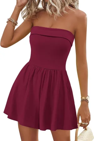 KIRUNDO Summer Rompers For Women 2025 Casual One Piece Strapless Tube Top Sleeveless Skort Short Jumpsuit Beach Vacation