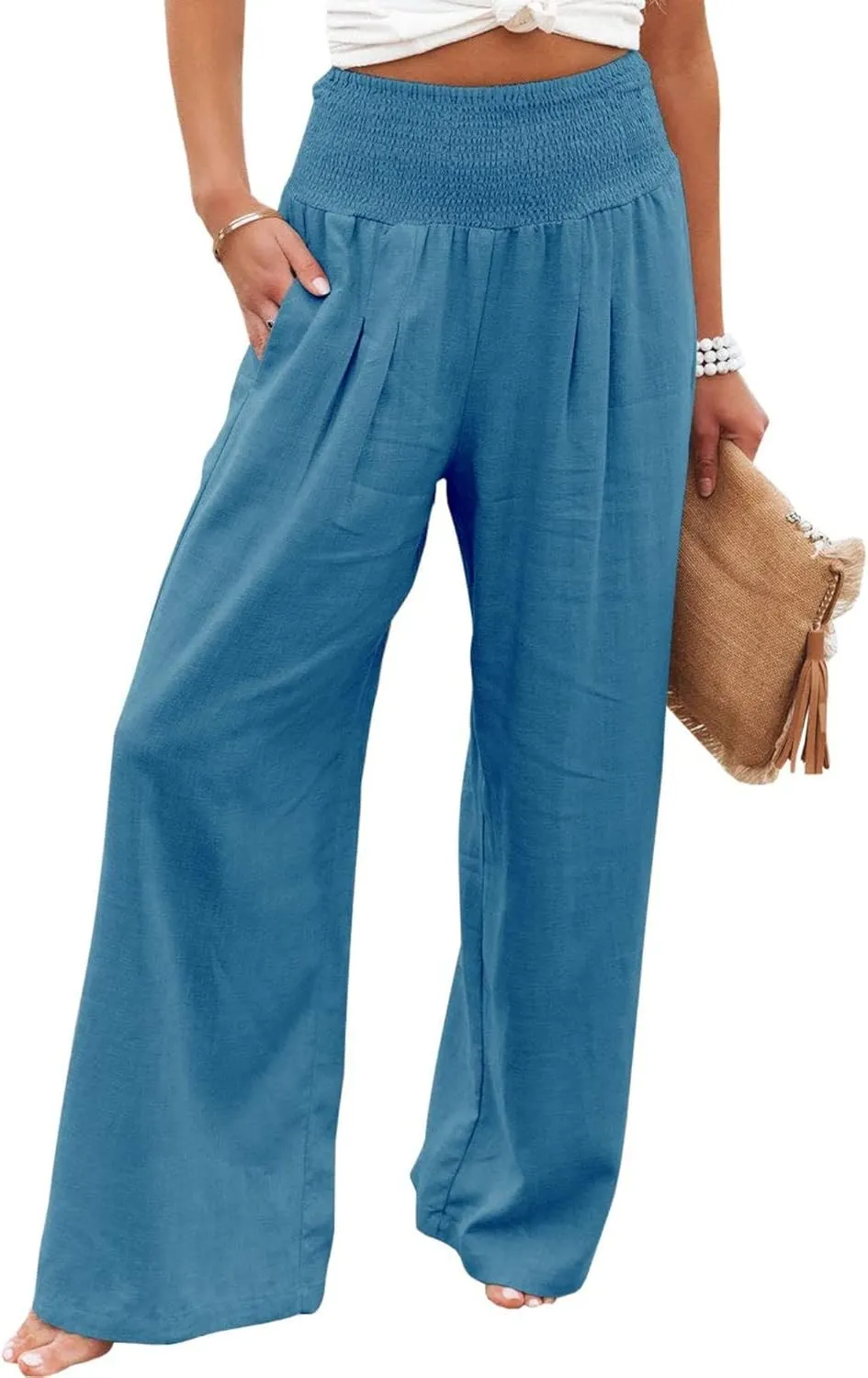 Kubbon Women Linen Palazzo Pants High Waist Casual Pants Wide Leg Long Lounge Pant Trousers Beach Travel Vacation Outfits