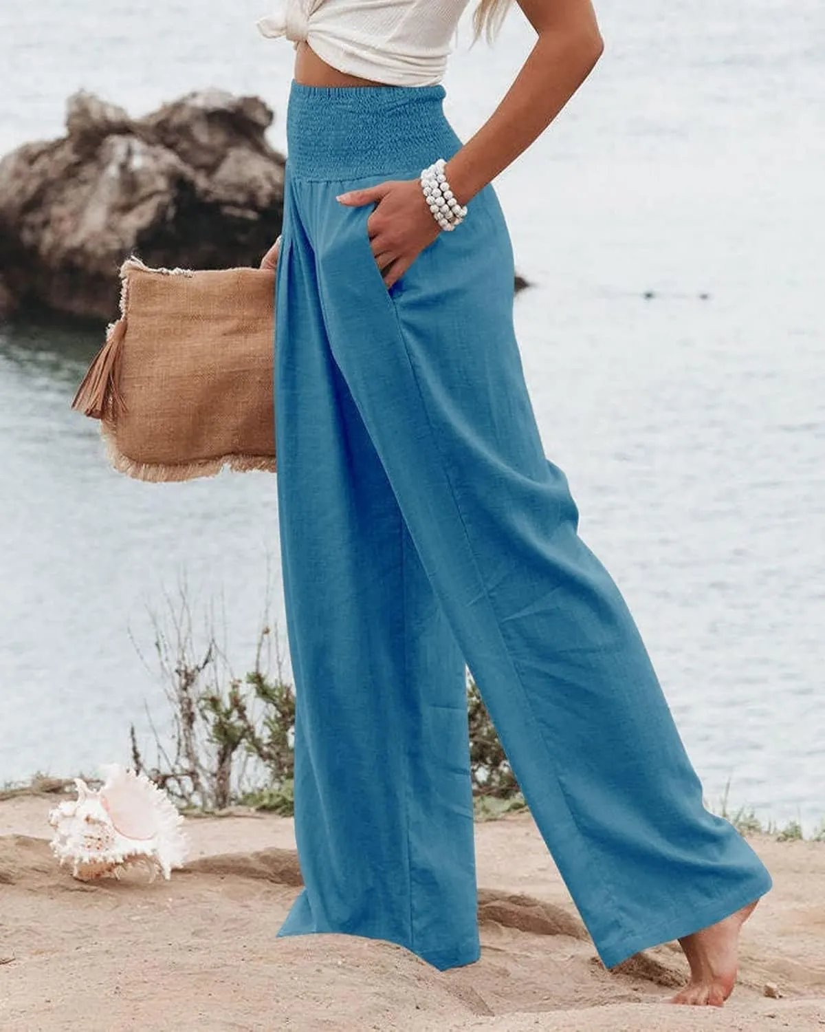 Kubbon Women Linen Palazzo Pants High Waist Casual Pants Wide Leg Long Lounge Pant Trousers Beach Travel Vacation Outfits