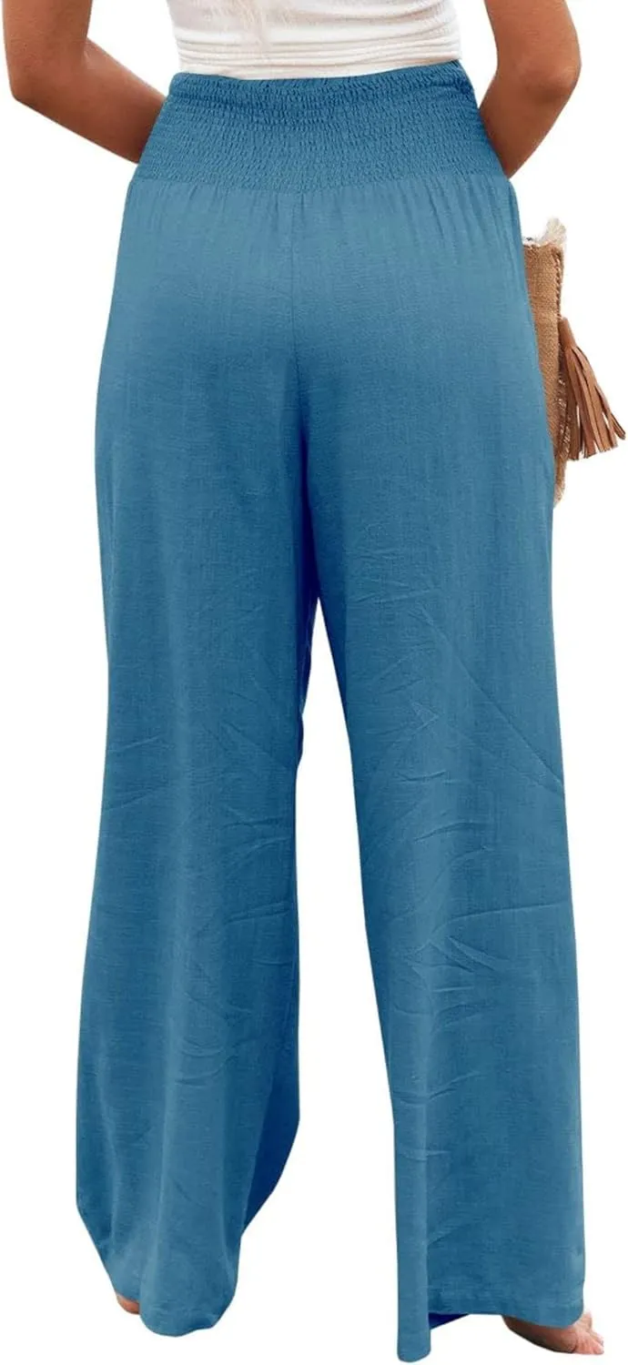 Kubbon Women Linen Palazzo Pants High Waist Casual Pants Wide Leg Long Lounge Pant Trousers Beach Travel Vacation Outfits