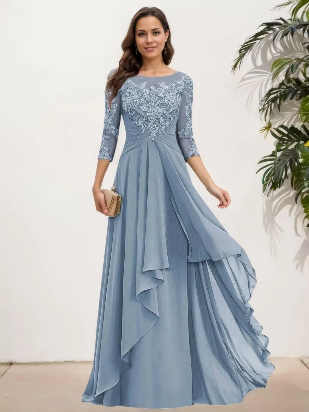 Lace Appliques Mother of The Bride Dresses with Sleeves Long Chiffon Scoop Neck Formal Prom Gowns