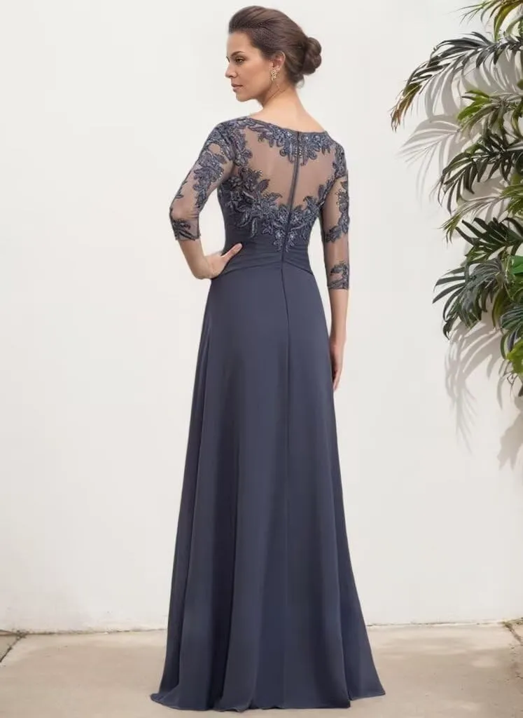 Lace Appliques Mother of The Bride Dresses with Sleeves Long Chiffon Scoop Neck Formal Prom Gowns