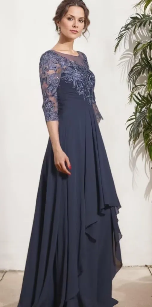 Lace Appliques Mother of The Bride Dresses with Sleeves Long Chiffon Scoop Neck Formal Prom Gowns