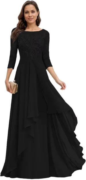 Lace Appliques Mother of The Bride Dresses with Sleeves Long Chiffon Scoop Neck Formal Prom Gowns