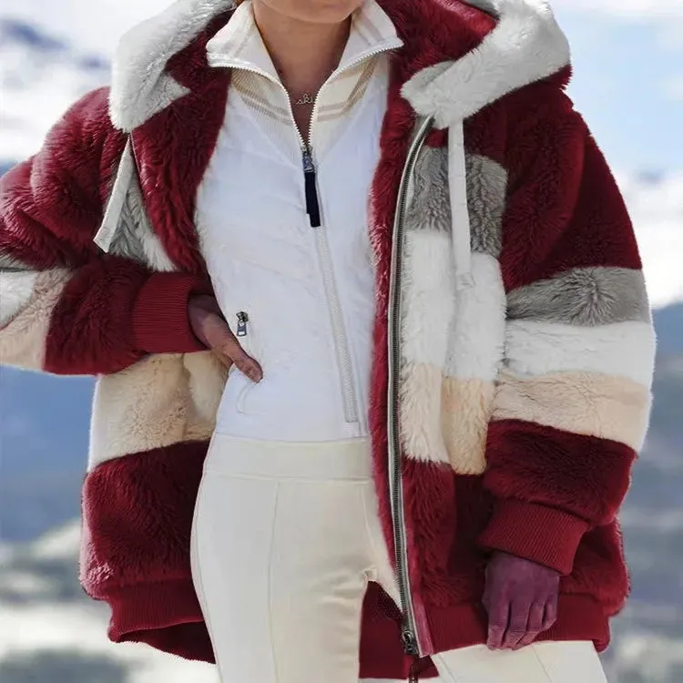 Lady Glams 2024 Autumn Winter Plush Hooded Jacket - Embrace Cozy Elegance