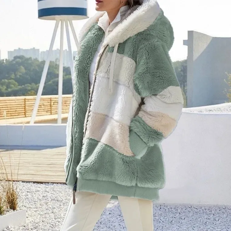 Lady Glams 2024 Autumn Winter Plush Hooded Jacket - Embrace Cozy Elegance