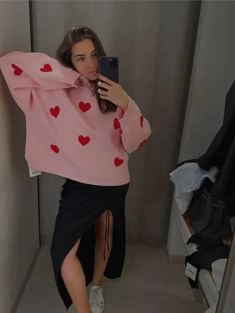 Lady Glams - Women’s Love Embroidery Sweater: Cozy and Chic for Autumn/Winter Fashion