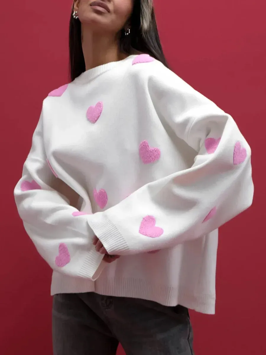 Lady Glams - Women’s Love Embroidery Sweater: Cozy and Chic for Autumn/Winter Fashion