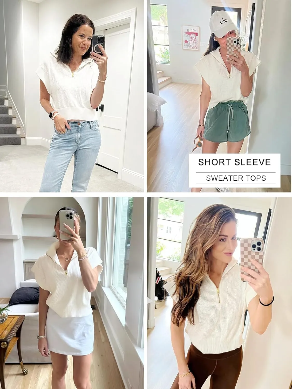 Langwyqu Womens Short Sleeve Cropped Knit Tops Half Zip Cap Sleeve Lightweight Oversized Sweater Vest