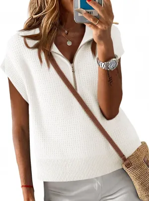 Langwyqu Womens Short Sleeve Cropped Knit Tops Half Zip Cap Sleeve Lightweight Oversized Sweater Vest