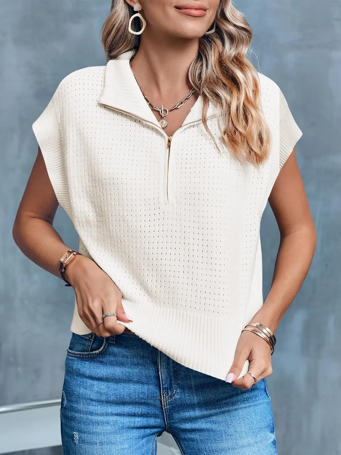 Langwyqu Womens Short Sleeve Cropped Knit Tops Half Zip Cap Sleeve Lightweight Oversized Sweater Vest