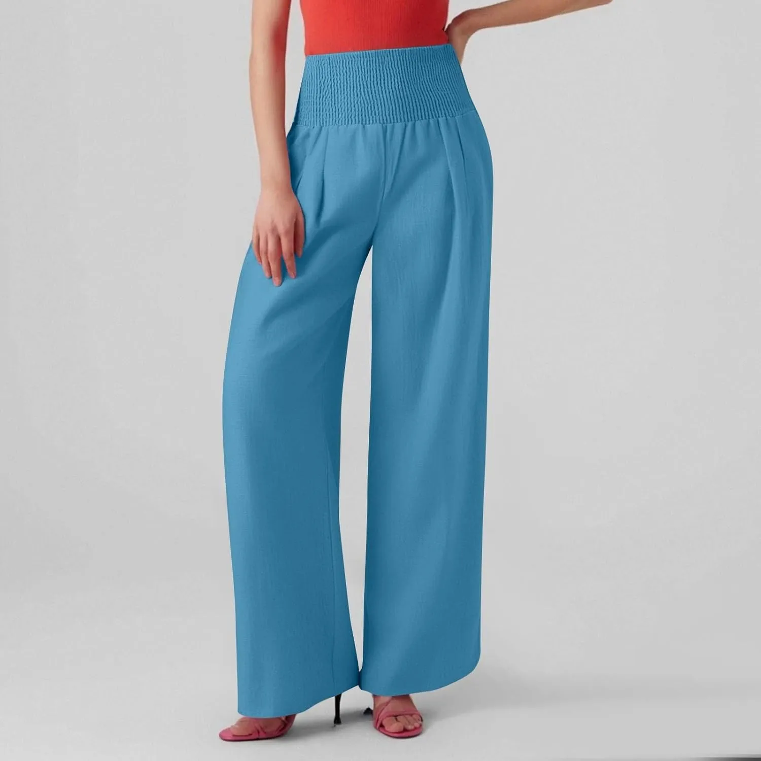 Lightweight Linen Pants Women Palazzo Pants Summer Smocked High Waisted Wide Leg Pant Fashion Trousers with Pockets