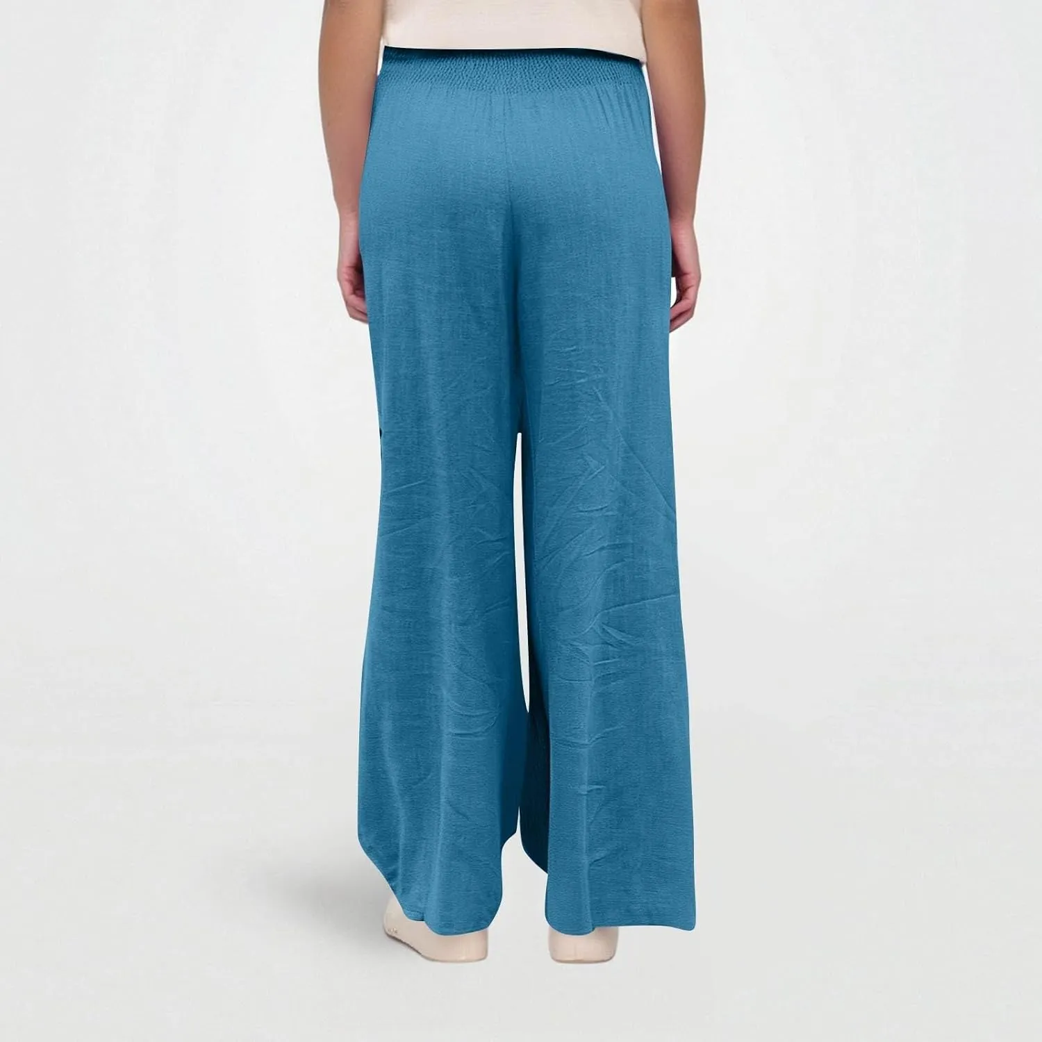 Lightweight Linen Pants Women Palazzo Pants Summer Smocked High Waisted Wide Leg Pant Fashion Trousers with Pockets