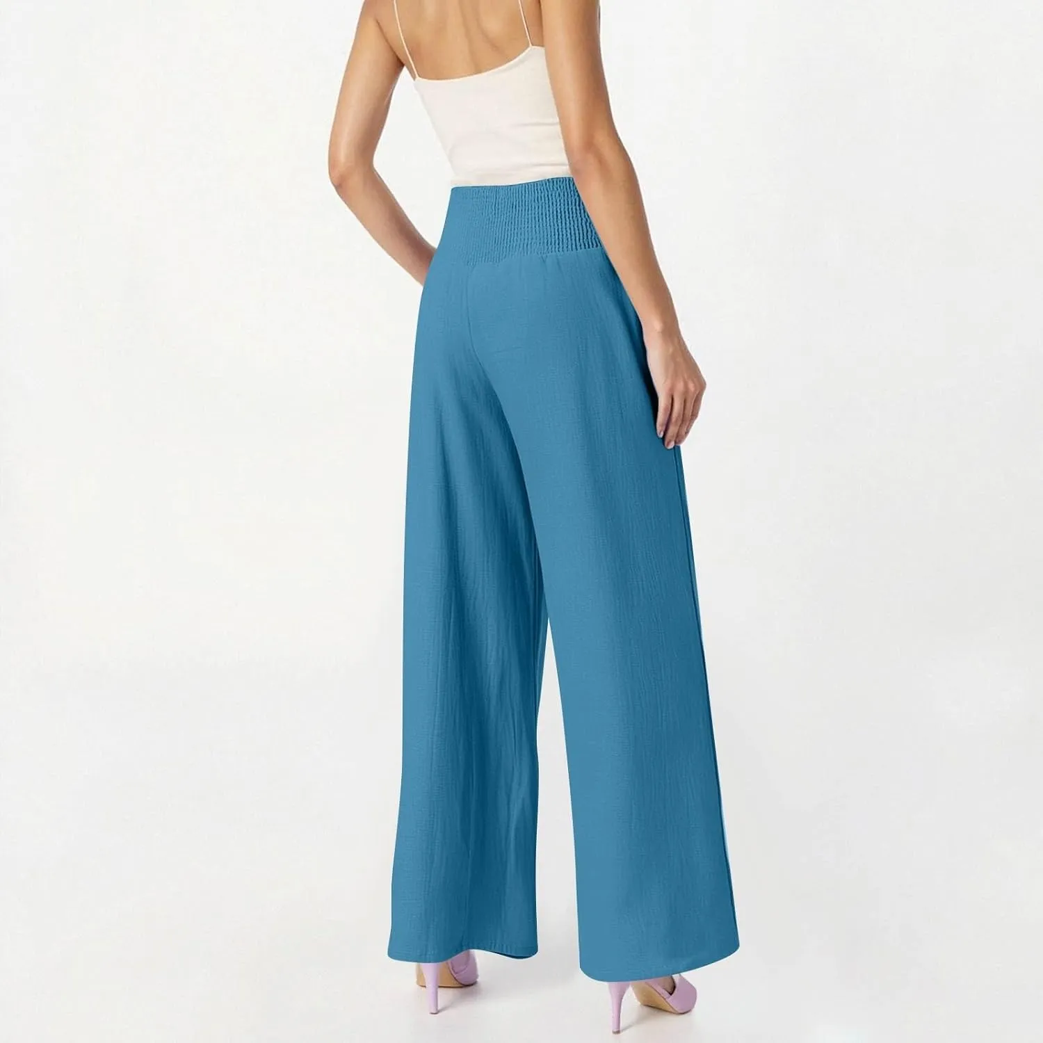 Lightweight Linen Pants Women Palazzo Pants Summer Smocked High Waisted Wide Leg Pant Fashion Trousers with Pockets