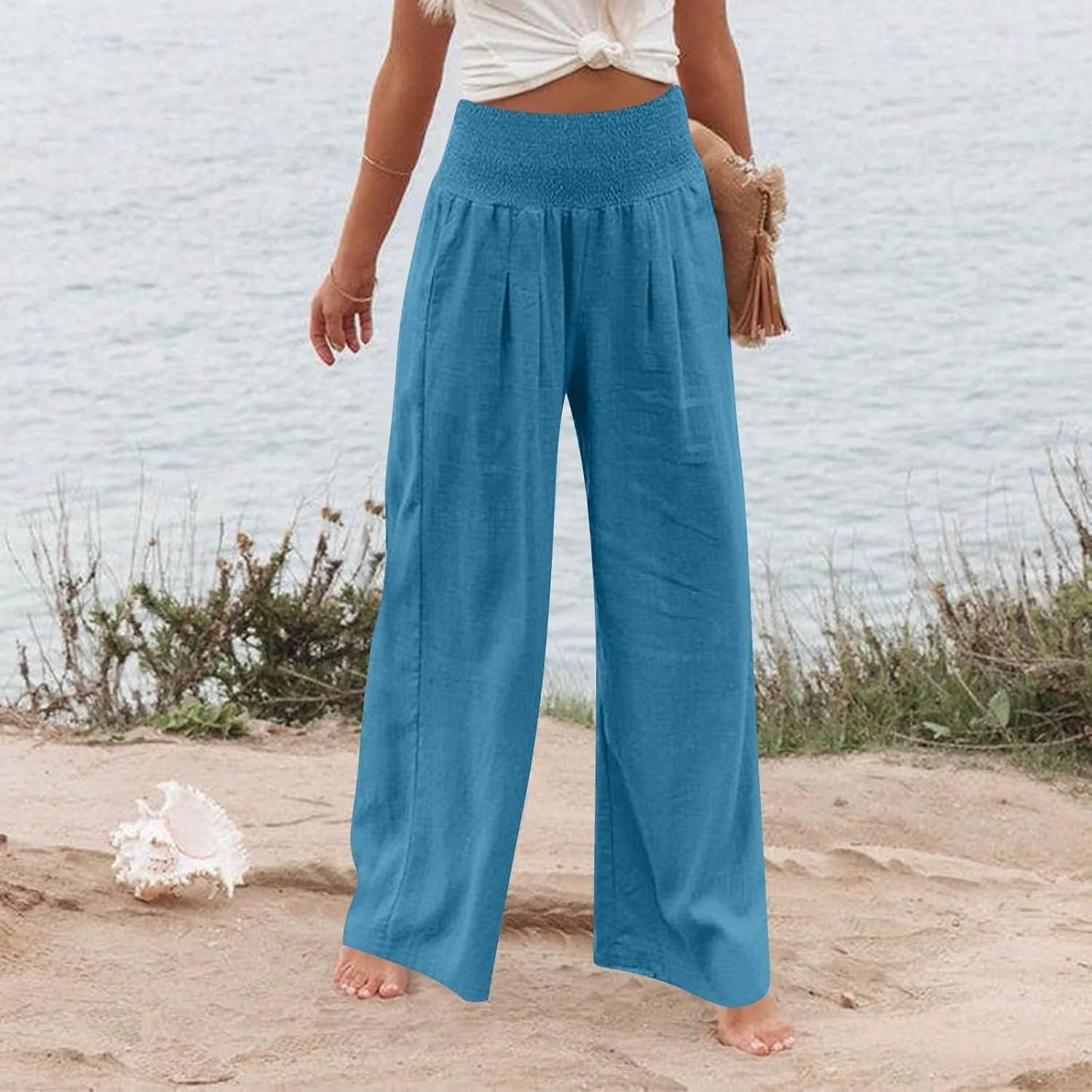 Lightweight Linen Pants Women Palazzo Pants Summer Smocked High Waisted Wide Leg Pant Fashion Trousers with Pockets