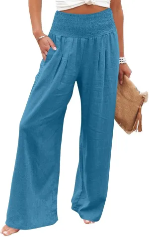 Lightweight Linen Pants Women Palazzo Pants Summer Smocked High Waisted Wide Leg Pant Fashion Trousers with Pockets
