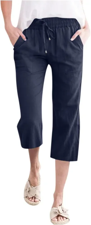 Linen Capri Pants For Women Petite Short Light Weight Casual Summer Straight Leg Cropped Trousers High Waist Pants