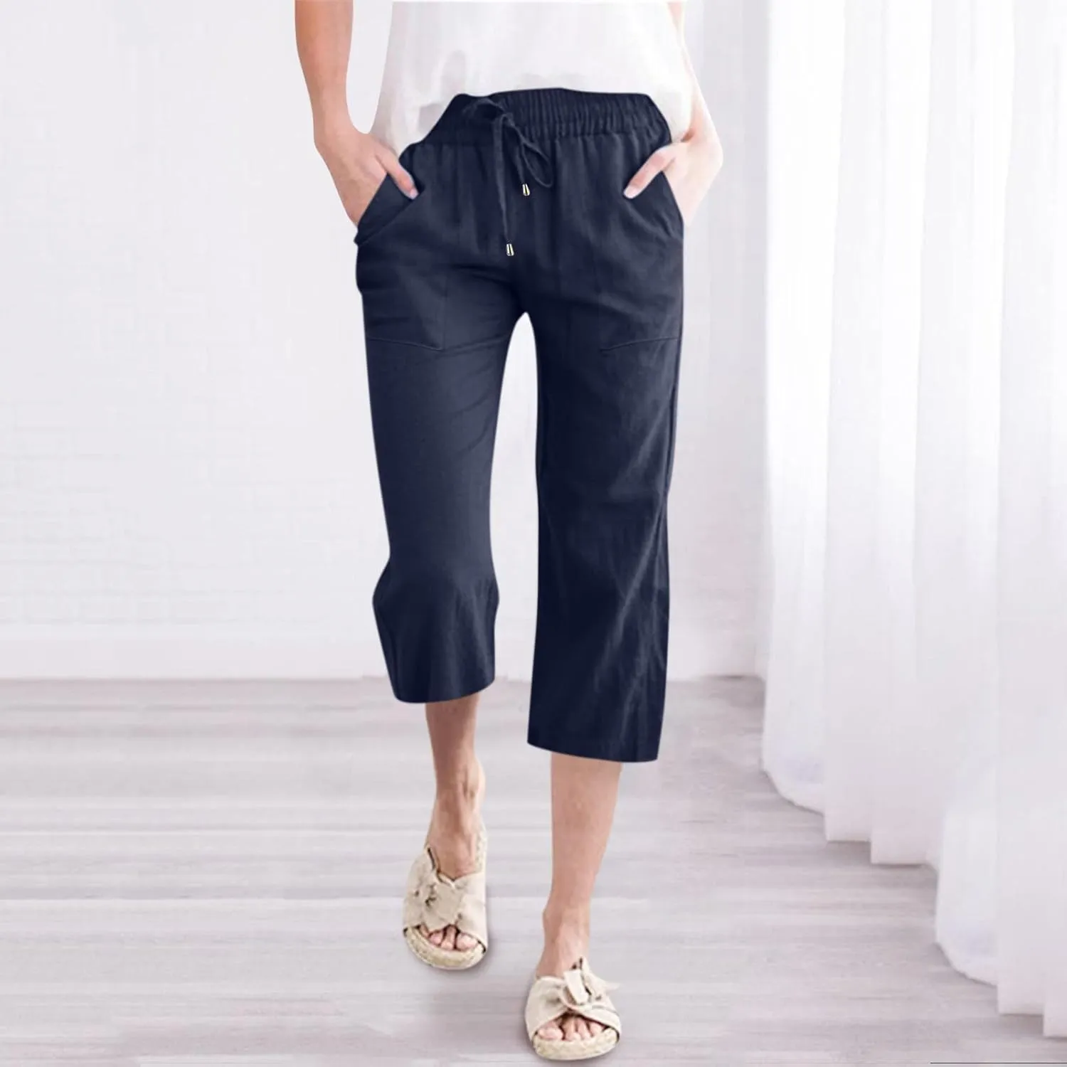 Linen Capri Pants For Women Petite Short Light Weight Casual Summer Straight Leg Cropped Trousers High Waist Pants