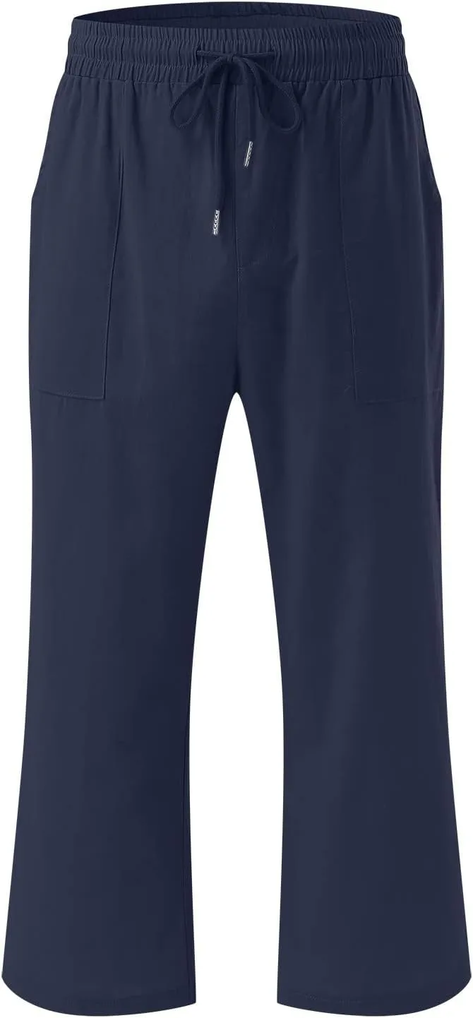 Linen Capri Pants For Women Petite Short Light Weight Casual Summer Straight Leg Cropped Trousers High Waist Pants