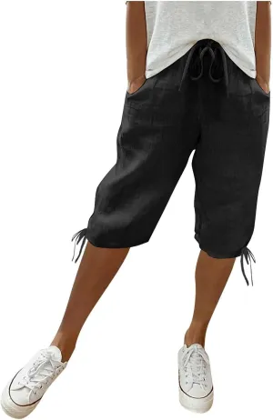 Linen Capri Pants for Womens High Waisted Drawstring Wide Leg Summer Capris Lightweight Elastic Casual Trousers