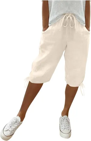 Linen Capri Pants for Womens High Waisted Drawstring Wide Leg Summer Capris Lightweight Elastic Casual Trousers