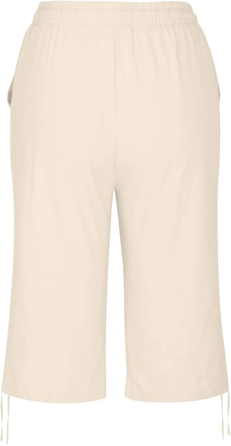Linen Capri Pants for Womens High Waisted Drawstring Wide Leg Summer Capris Lightweight Elastic Casual Trousers