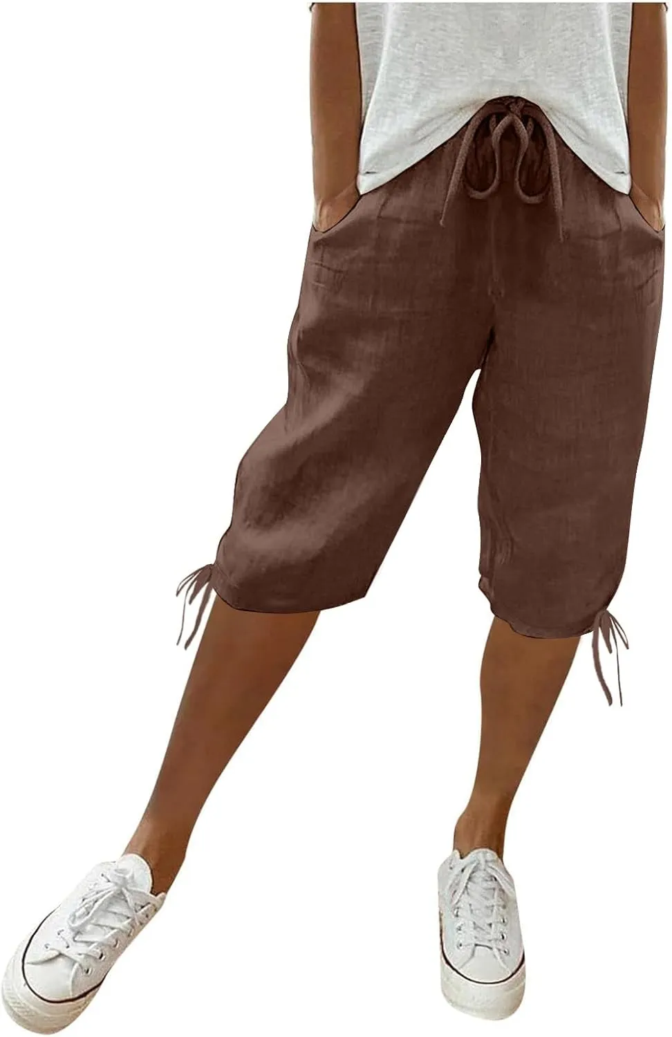 Linen Capri Pants for Womens High Waisted Drawstring Wide Leg Summer Capris Lightweight Elastic Casual Trousers