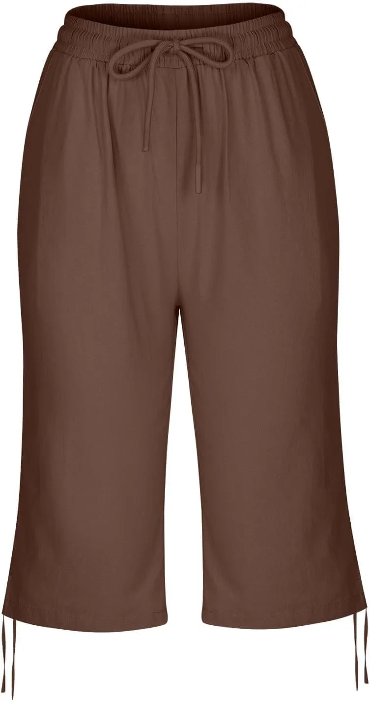 Linen Capri Pants for Womens High Waisted Drawstring Wide Leg Summer Capris Lightweight Elastic Casual Trousers