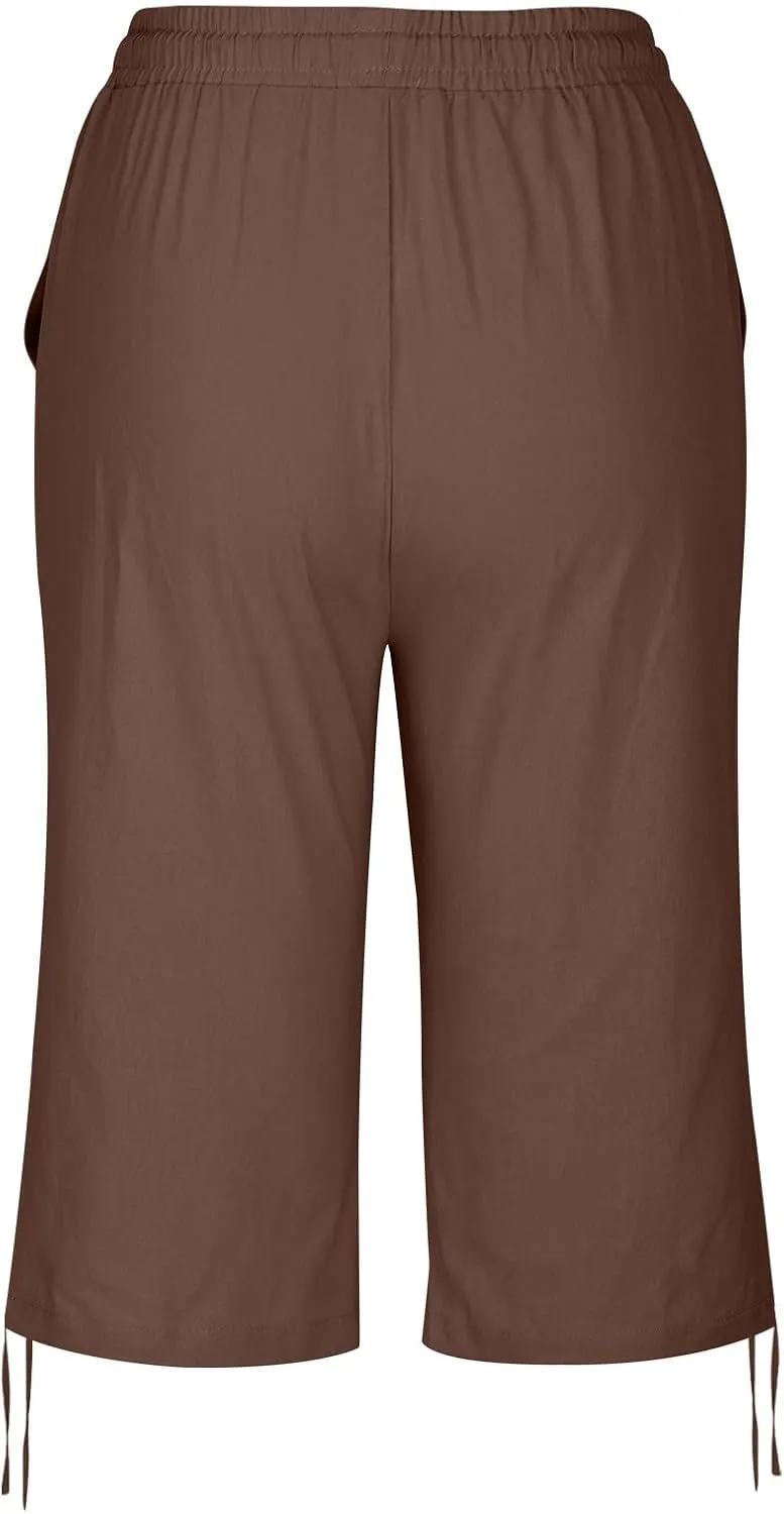 Linen Capri Pants for Womens High Waisted Drawstring Wide Leg Summer Capris Lightweight Elastic Casual Trousers