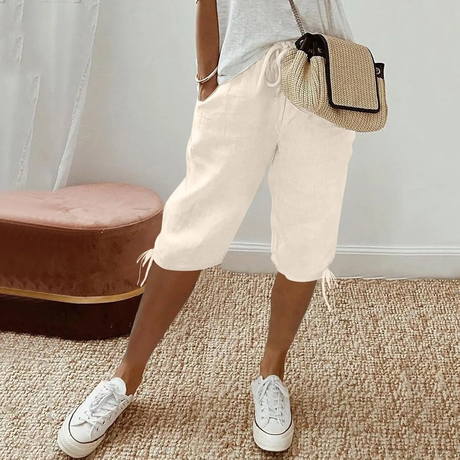 Linen Capri Pants for Womens High Waisted Drawstring Wide Leg Summer Capris Lightweight Elastic Casual Trousers