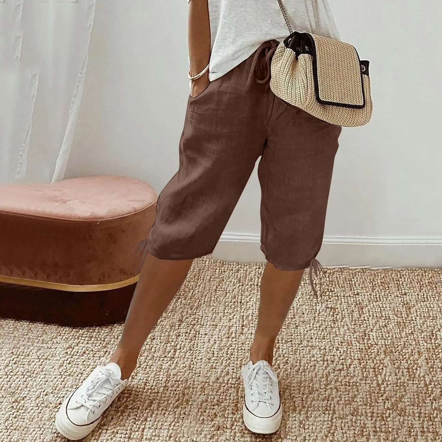 Linen Capri Pants for Womens High Waisted Drawstring Wide Leg Summer Capris Lightweight Elastic Casual Trousers