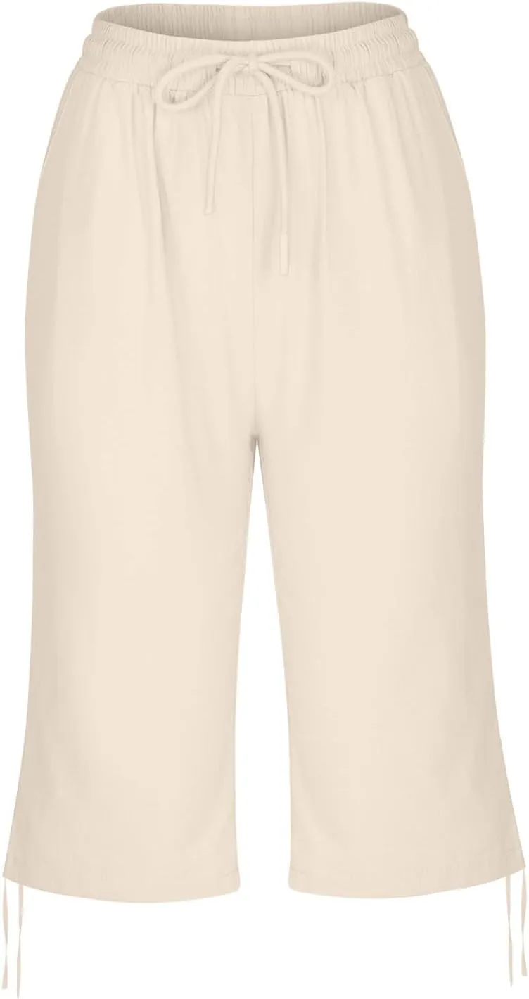 Linen Capri Pants for Womens High Waisted Drawstring Wide Leg Summer Capris Lightweight Elastic Casual Trousers