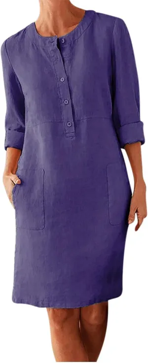 Linen Dress for Women Plus Size Button Up Round Neck Rolled Long Sleeve Dresses Casual Loose Midi Dresses