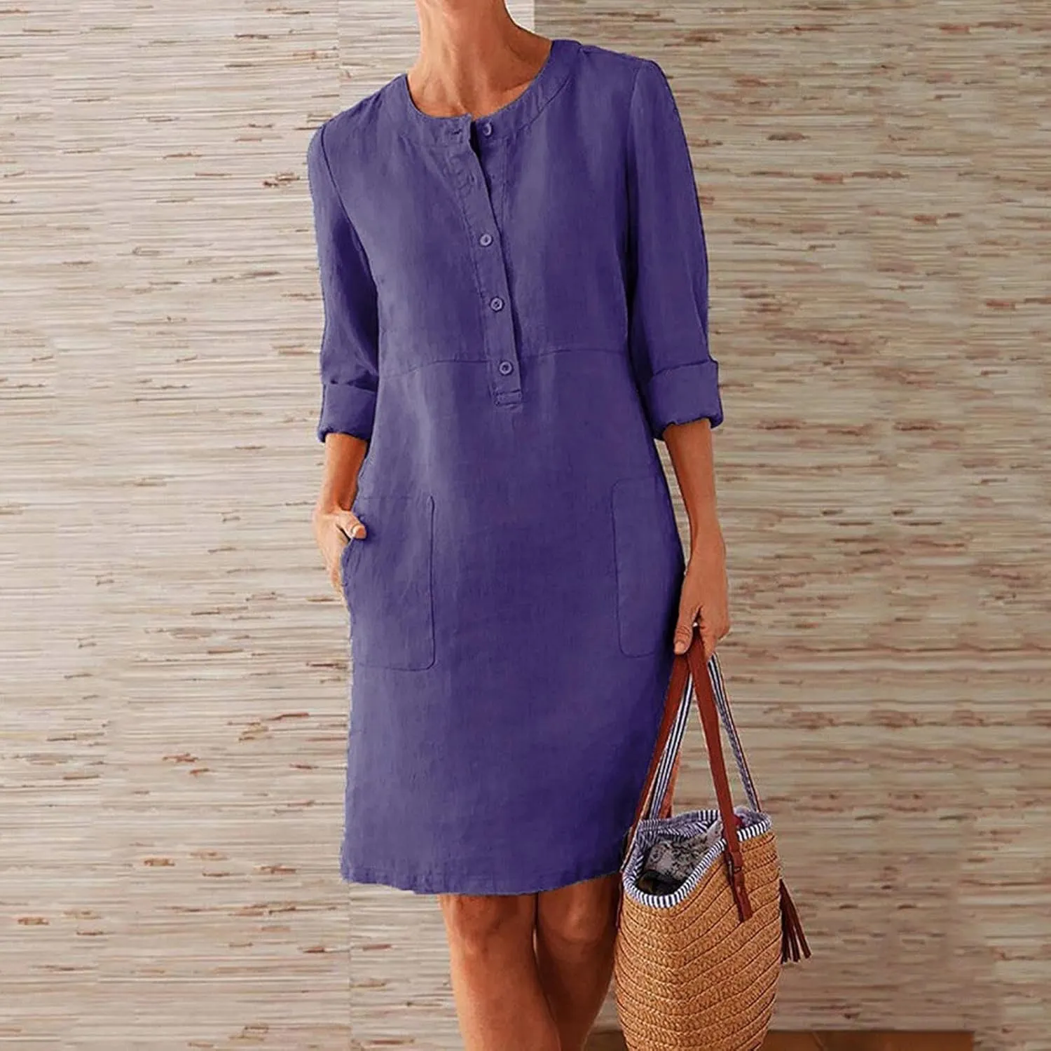 Linen Dress for Women Plus Size Button Up Round Neck Rolled Long Sleeve Dresses Casual Loose Midi Dresses