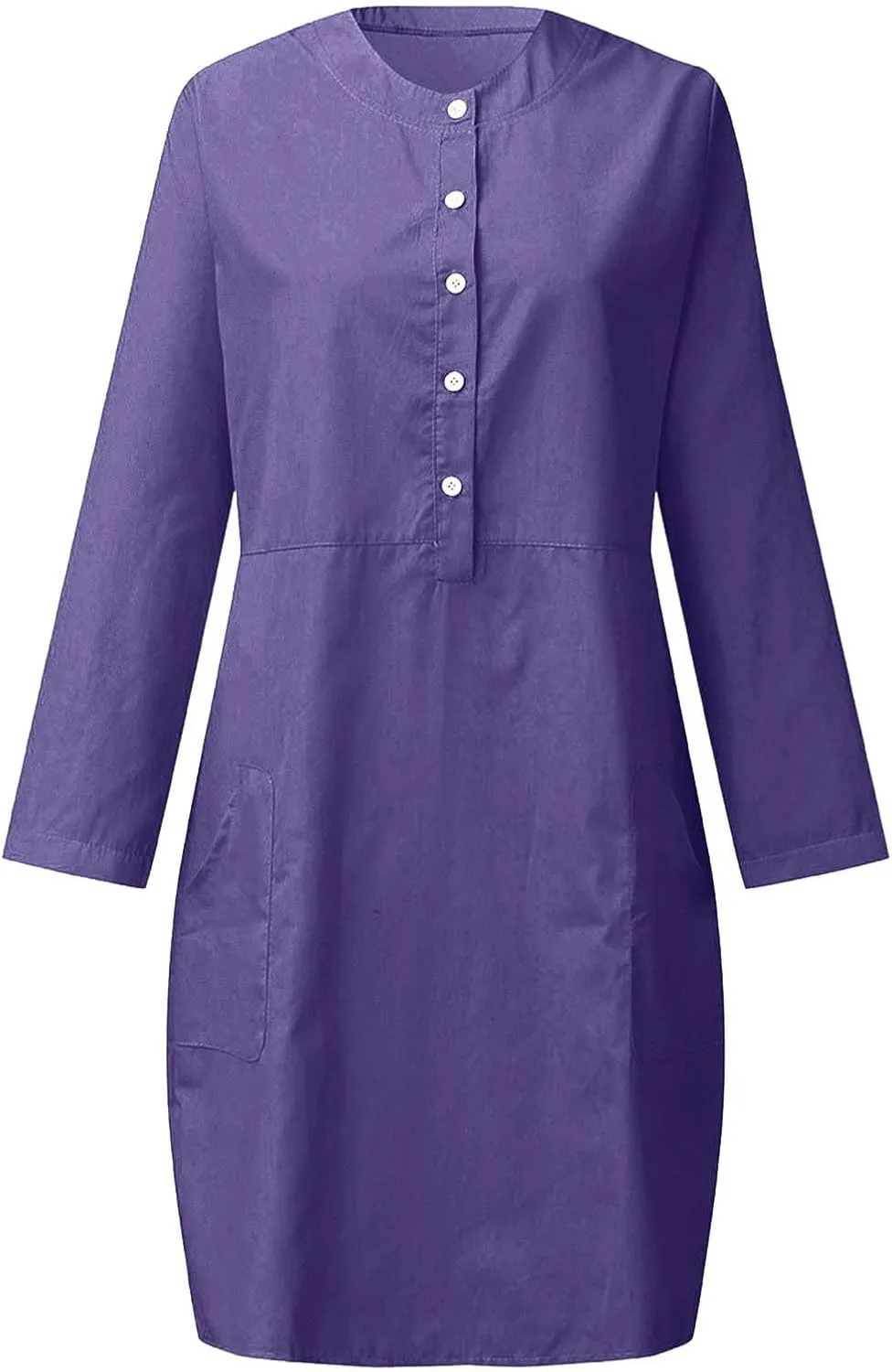 Linen Dress for Women Plus Size Button Up Round Neck Rolled Long Sleeve Dresses Casual Loose Midi Dresses