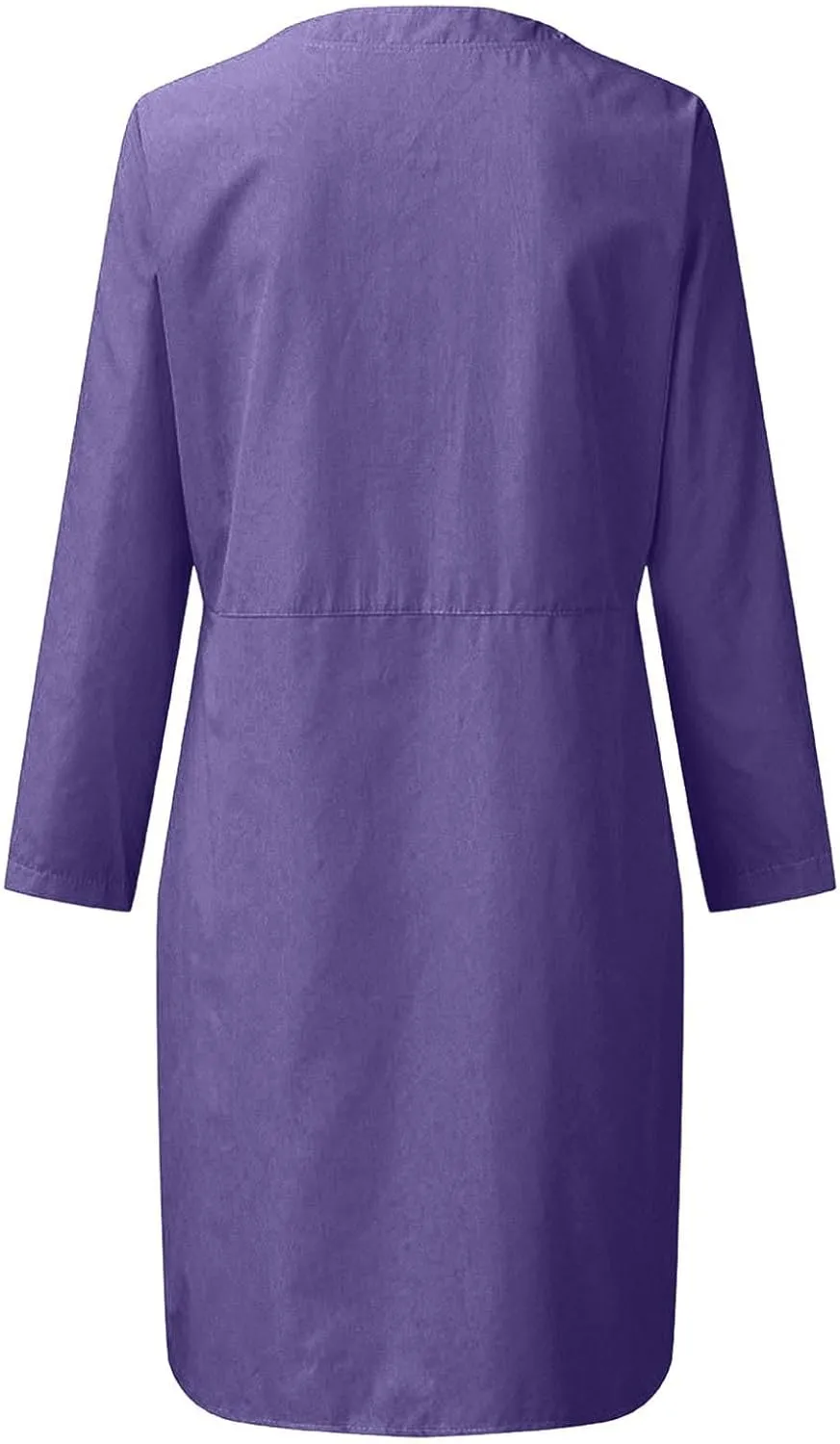Linen Dress for Women Plus Size Button Up Round Neck Rolled Long Sleeve Dresses Casual Loose Midi Dresses