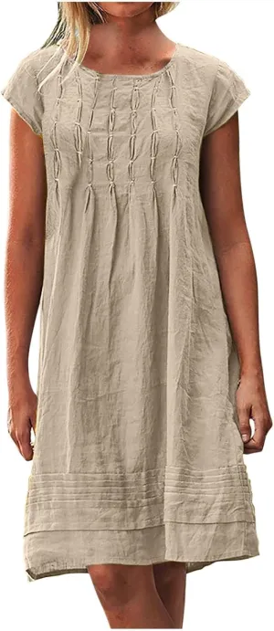 Linen Dress for Women Summer Loose Crewneck Solid Color Sundress Casual Short Sleeve Vacation Beach Pleated Dresses