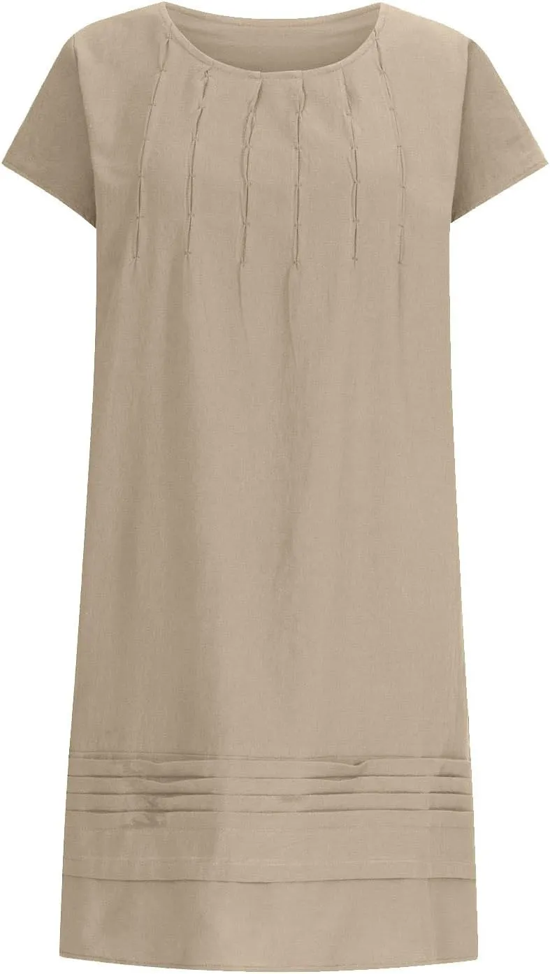 Linen Dress for Women Summer Loose Crewneck Solid Color Sundress Casual Short Sleeve Vacation Beach Pleated Dresses