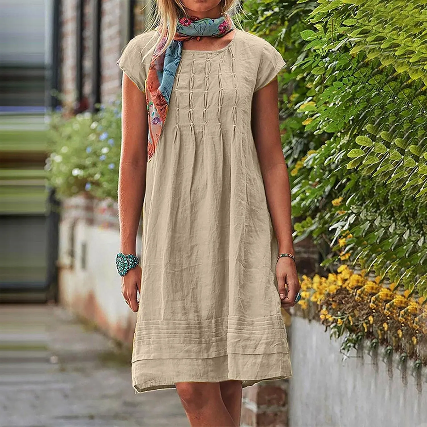 Linen Dress for Women Summer Loose Crewneck Solid Color Sundress Casual Short Sleeve Vacation Beach Pleated Dresses